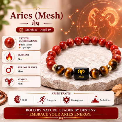 Aries Zodiac Bracelet (मेष राशि) | Natural Red Jasper & Tiger Eye | Courage, Confidence & Motivation | Crystal Bracelet for Men & Women