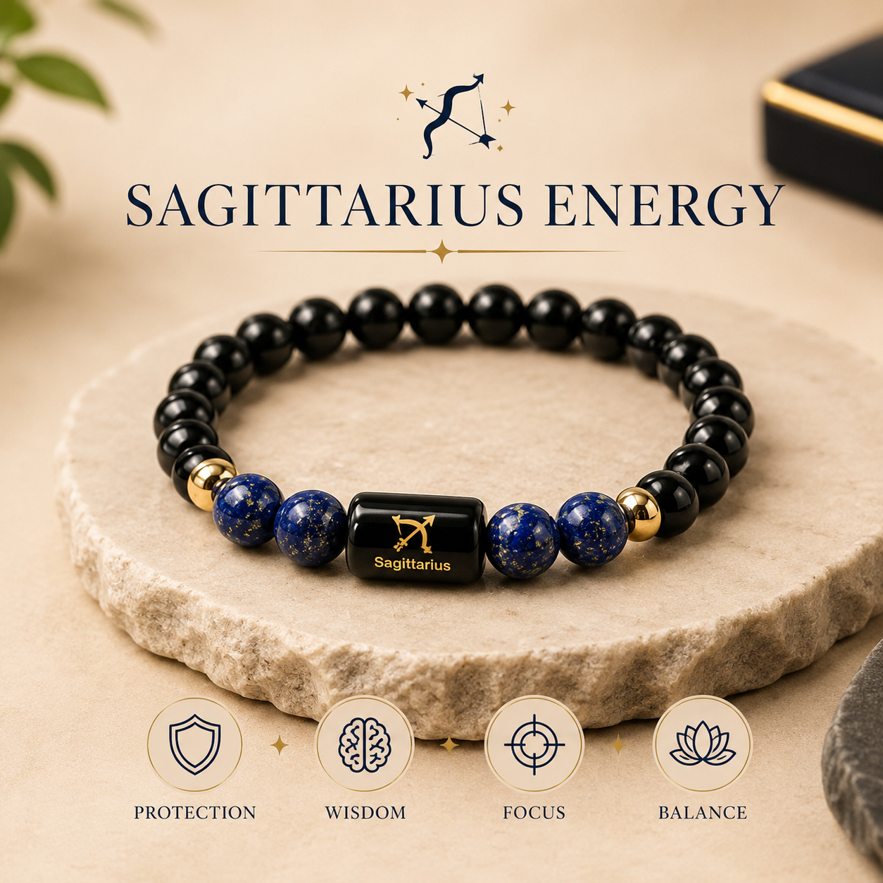Sagittarius Zodiac Bracelet for Men & Women | Dhanu Rashi Bracelet with Black Obsidian & Lapis Lazuli Beads | Astrology Birth Sign Bracelet for Protection, Focus, Wisdom & Positive Energy | Unisex Stretch Bracelet