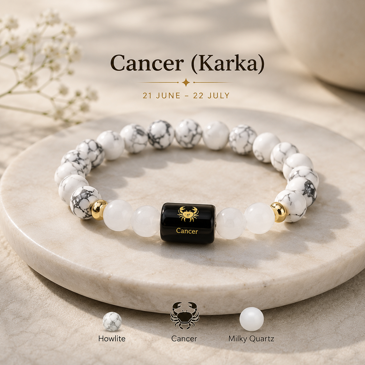 Cancer Zodiac Bracelet | Howlite & Milky Quartz | Kark Rashi
