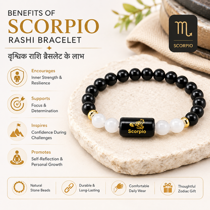 Scorpio Zodiac Bracelet | Black Obsidian & Milky Quartz | Vrishchik Rashi