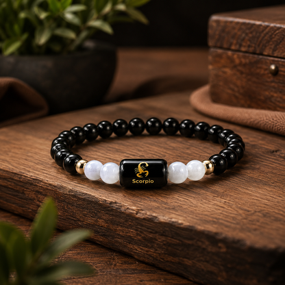 Scorpio Zodiac Bracelet | Black Obsidian & Milky Quartz | Vrishchik Rashi