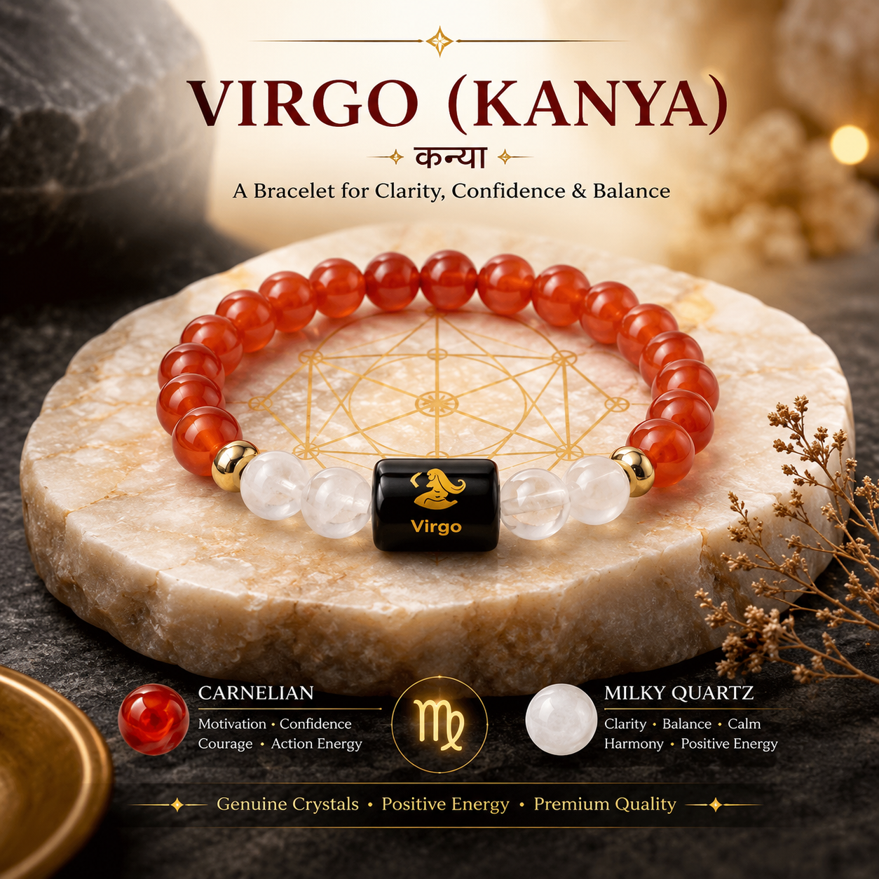 Virgo Zodiac Bracelet | Carnelian & Milky Quartz | Kanya Rashi
