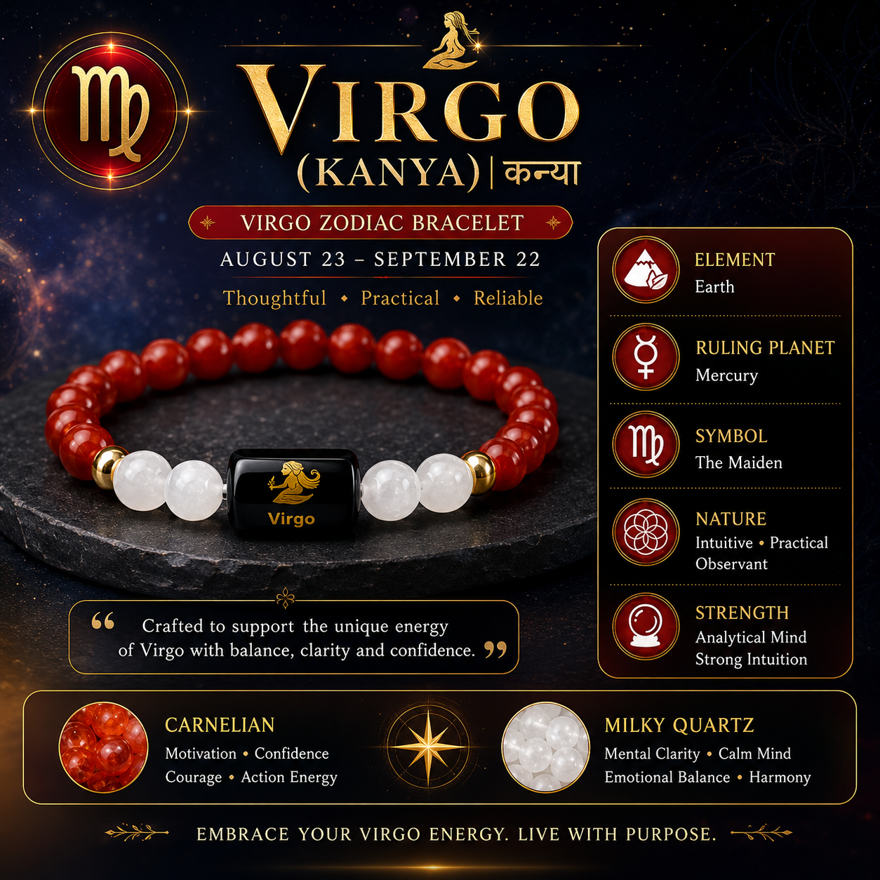 Virgo Zodiac Bracelet | Carnelian & Milky Quartz | Kanya Rashi