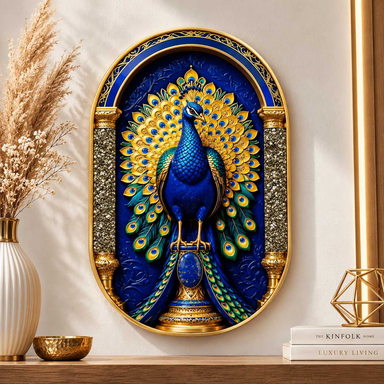 Pyrite & Lapis Lazuli Peacock Frame | Handcrafted Crystal Wall Art | 29×19 cm
