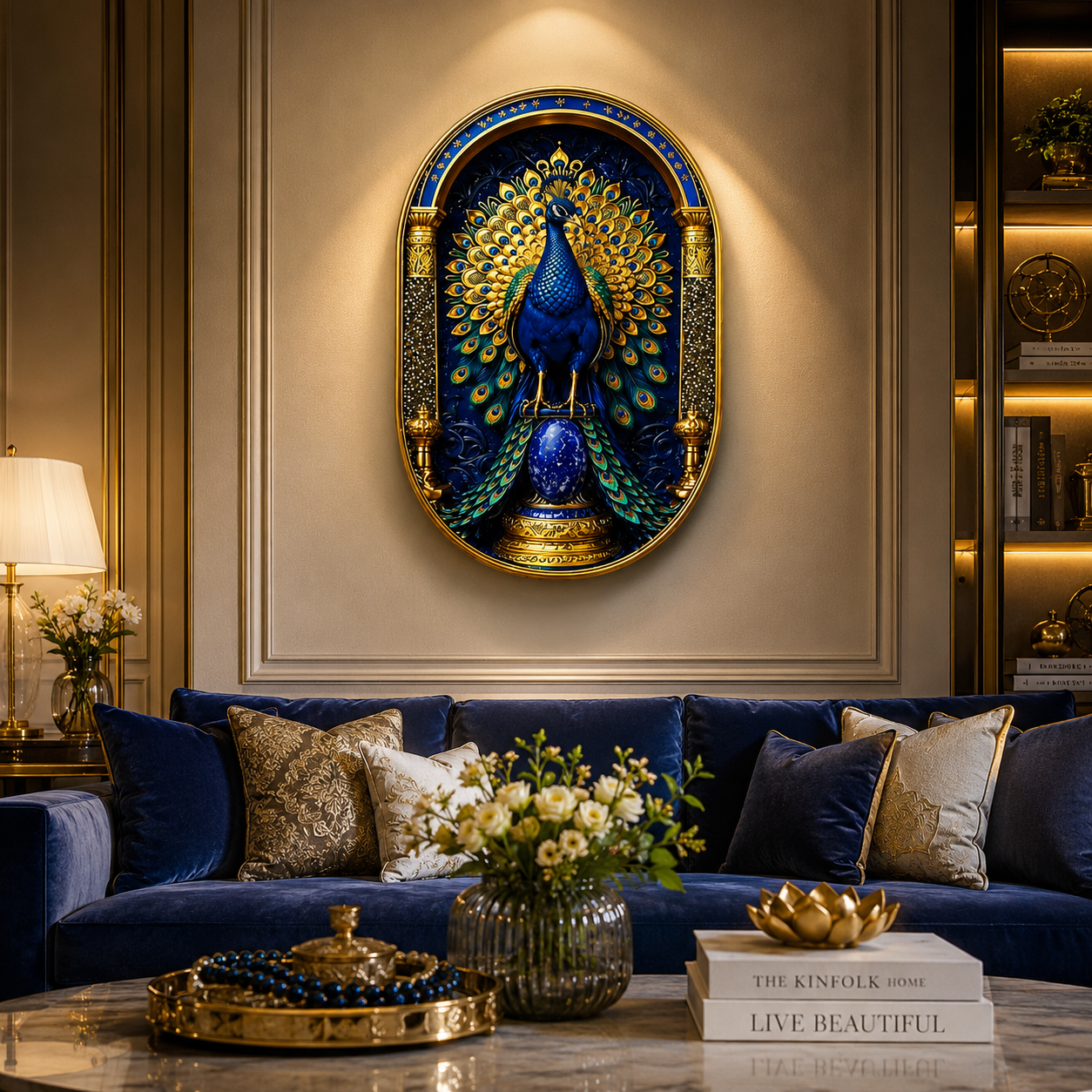 Pyrite & Lapis Lazuli Peacock Frame | Handcrafted Crystal Wall Art | 29×19 cm