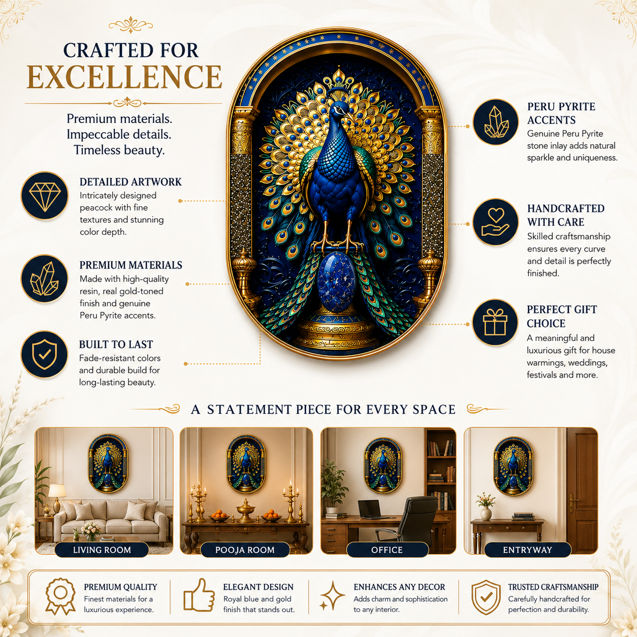 Pyrite & Lapis Lazuli Peacock Frame | Handcrafted Crystal Wall Art | 29×19 cm