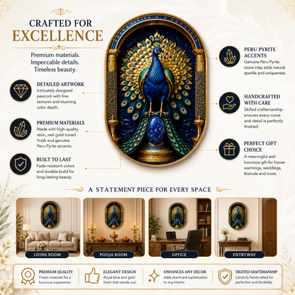 Pyrite & Lapis Lazuli Peacock Frame | Handcrafted Crystal Wall Art | 29×19 cm