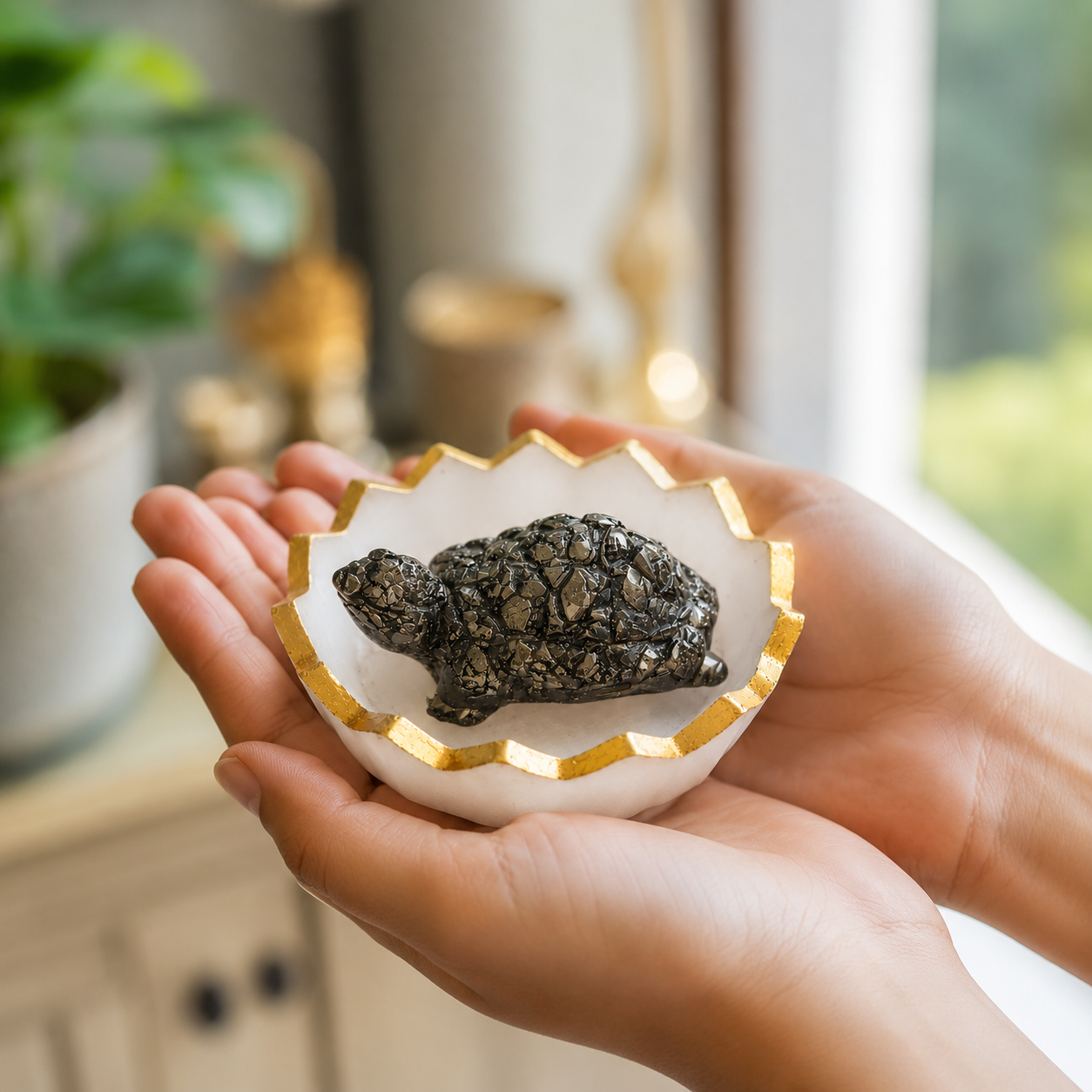 Pyrite Tortoise in Selenite Bowl | Vastu Prosperity Combo with Free Rudraksha