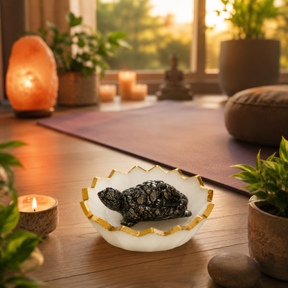 Pyrite Tortoise in Selenite Bowl | Vastu Prosperity Combo with Free Rudraksha