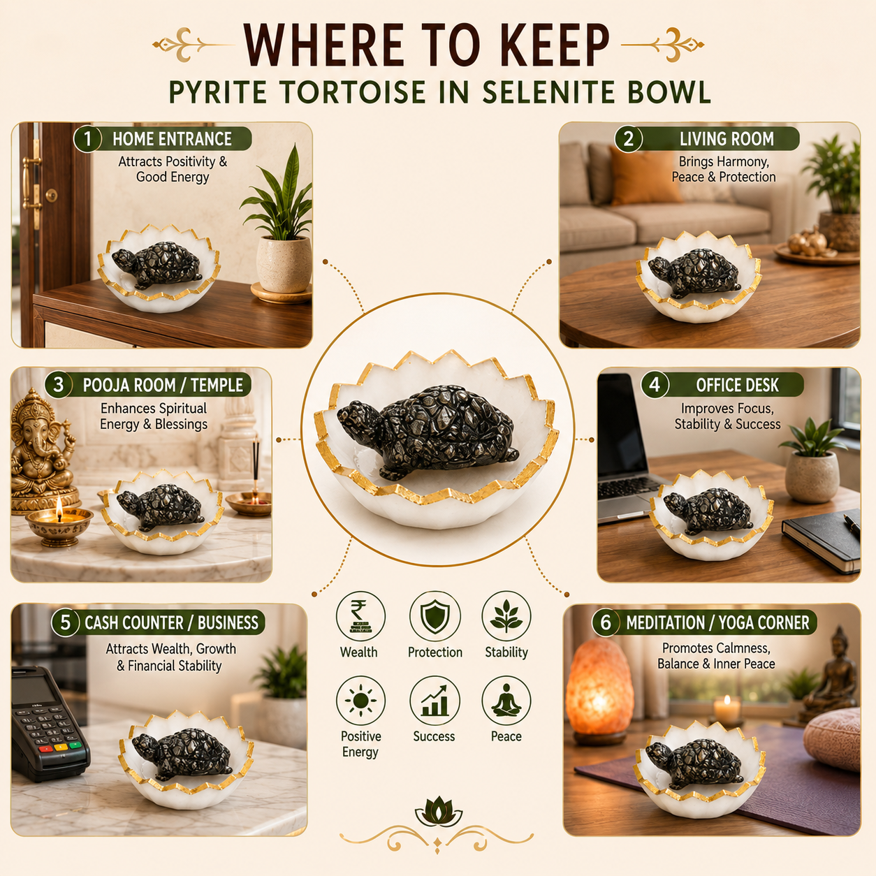 Pyrite Tortoise in Selenite Bowl | Vastu Prosperity Combo with Free Rudraksha