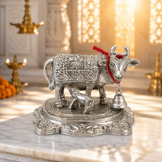 Silver-Plated Kamadhenu Cow & Calf Idol for Pooja Room & Home