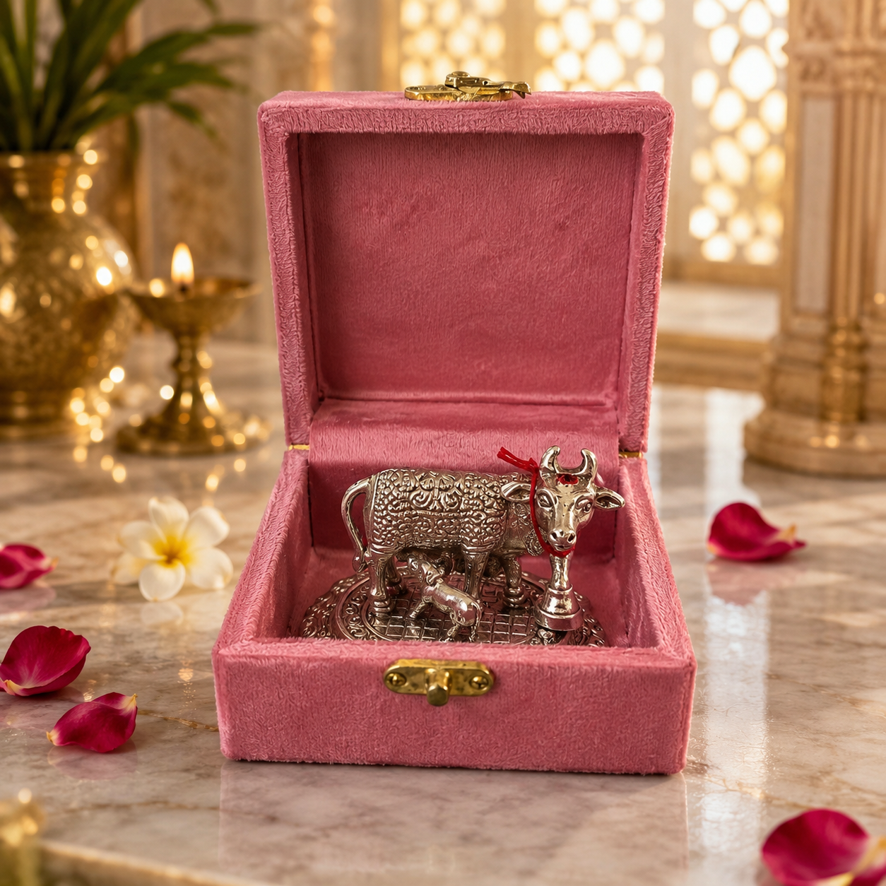 Silver-Plated Kamadhenu Cow & Calf Idol for Pooja Room & Home
