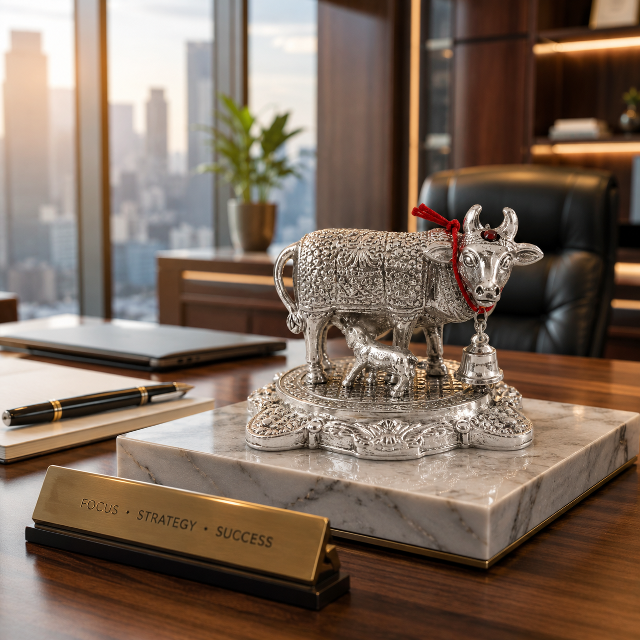 Silver-Plated Kamadhenu Cow & Calf Idol for Pooja Room & Home