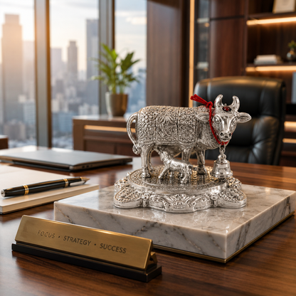 Silver-Plated Kamadhenu Cow & Calf Idol for Pooja Room & Home