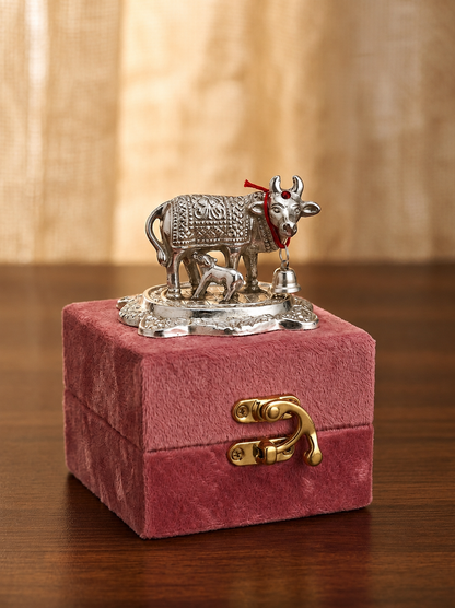 Silver-Plated Kamadhenu Cow & Calf Idol for Pooja Room & Home