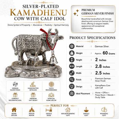 Silver-Plated Kamadhenu Cow & Calf Idol for Pooja Room & Home