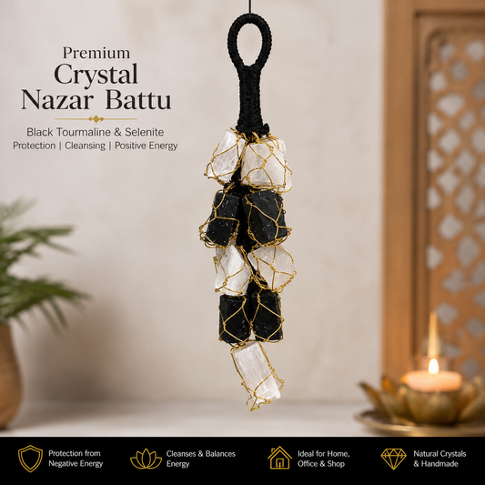 Black Tourmaline Stone and Selenite Crystals Door Hanging Nazar Battu for Home Entrance