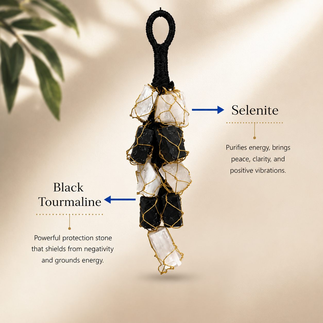 Black Tourmaline Stone and Selenite Crystals Door Hanging Nazar Battu for Home Entrance