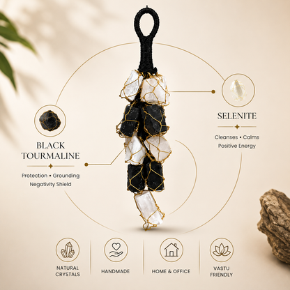 Black Tourmaline Stone and Selenite Crystals Door Hanging Nazar Battu for Home Entrance