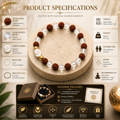 Original Rudraksha Clear Quartz Gomti Chakra Bracelet | Spiritual Protection & Positive Energy