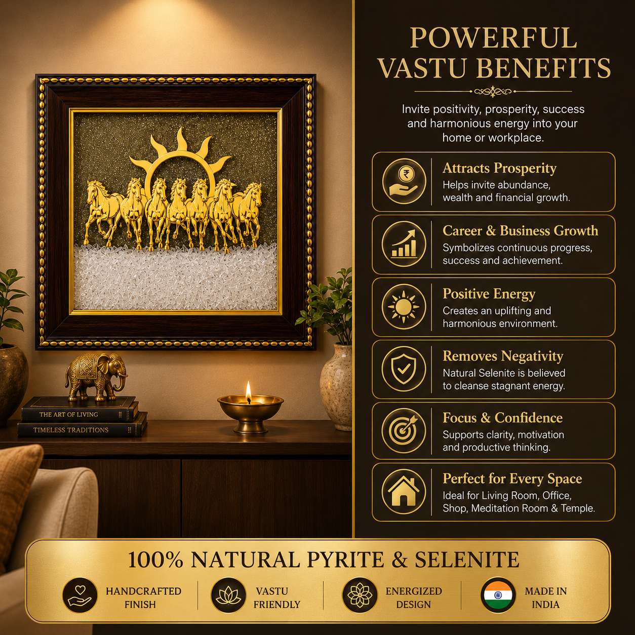 7 Horses Surya Vastu Frame – Pyrite & Selenite for Success & Wealth