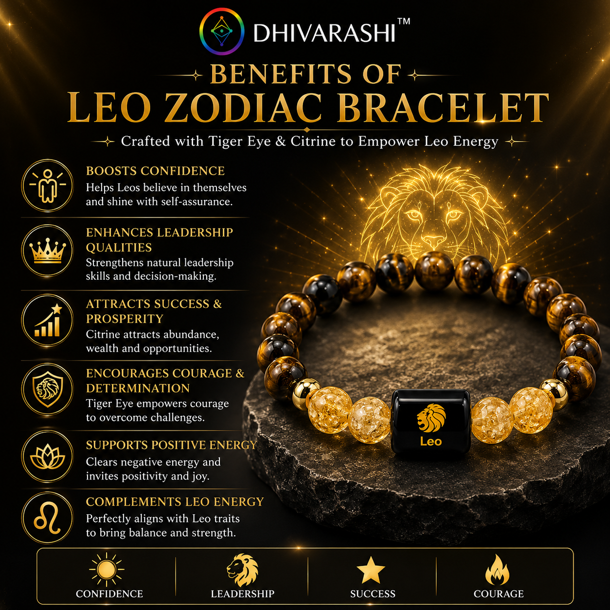 Leo (सिंह राशि) Bracelet – Tiger Eye & Citrine for Confidence & Leadership