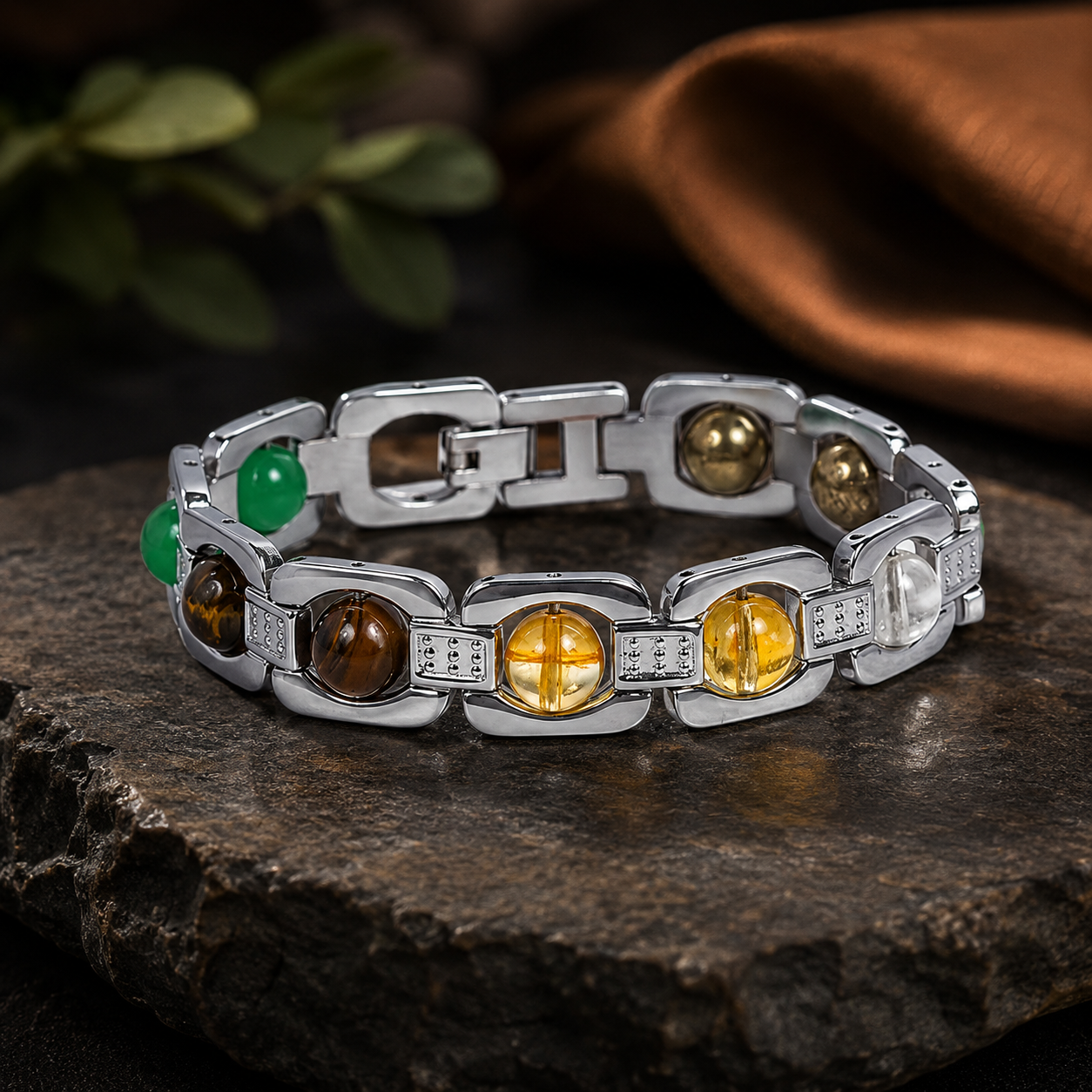 DhanYog Metal Bracelet – Pyrite, Citrine, Tiger Eye, Green Aventurine & Clear Quartz | Dhivarashi