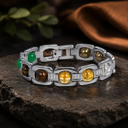 DhanYog Metal Bracelet – Pyrite, Citrine, Tiger Eye, Green Aventurine & Clear Quartz | Dhivarashi