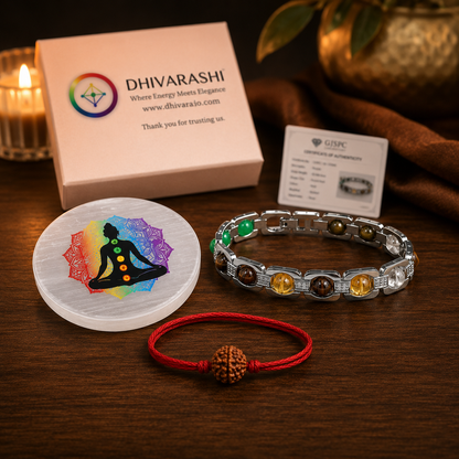 DhanYog Metal Bracelet – Pyrite, Citrine, Tiger Eye, Green Aventurine & Clear Quartz | Dhivarashi