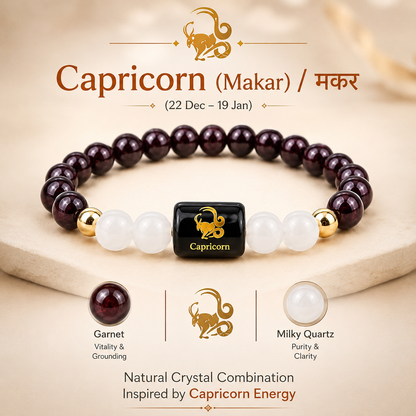 Capricorn Zodiac Bracelet – Certified Garnet & Milky Quartz | Dhivarashi