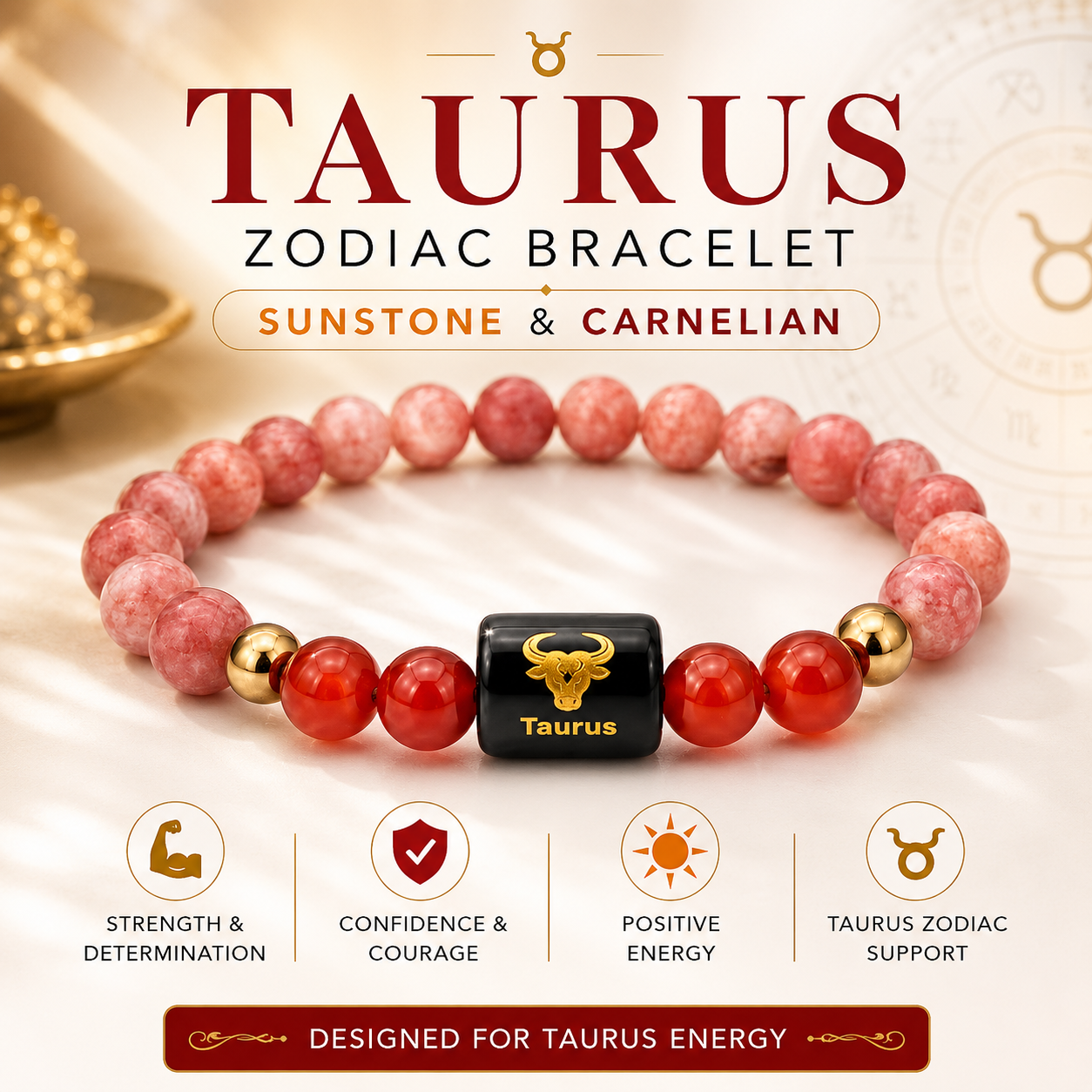 Taurus Zodiac Bracelet – Certified Sunstone & Carnelian Crystal Bracelet | Dhivarashi