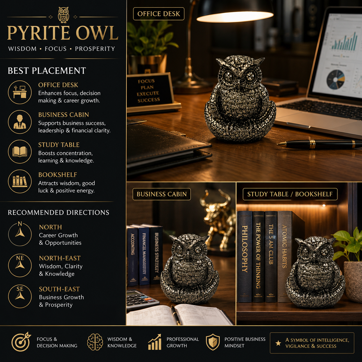 Pyrite Owl Crystal Figurine – 400g | 3 Inch | Wealth & Prosperity Stone