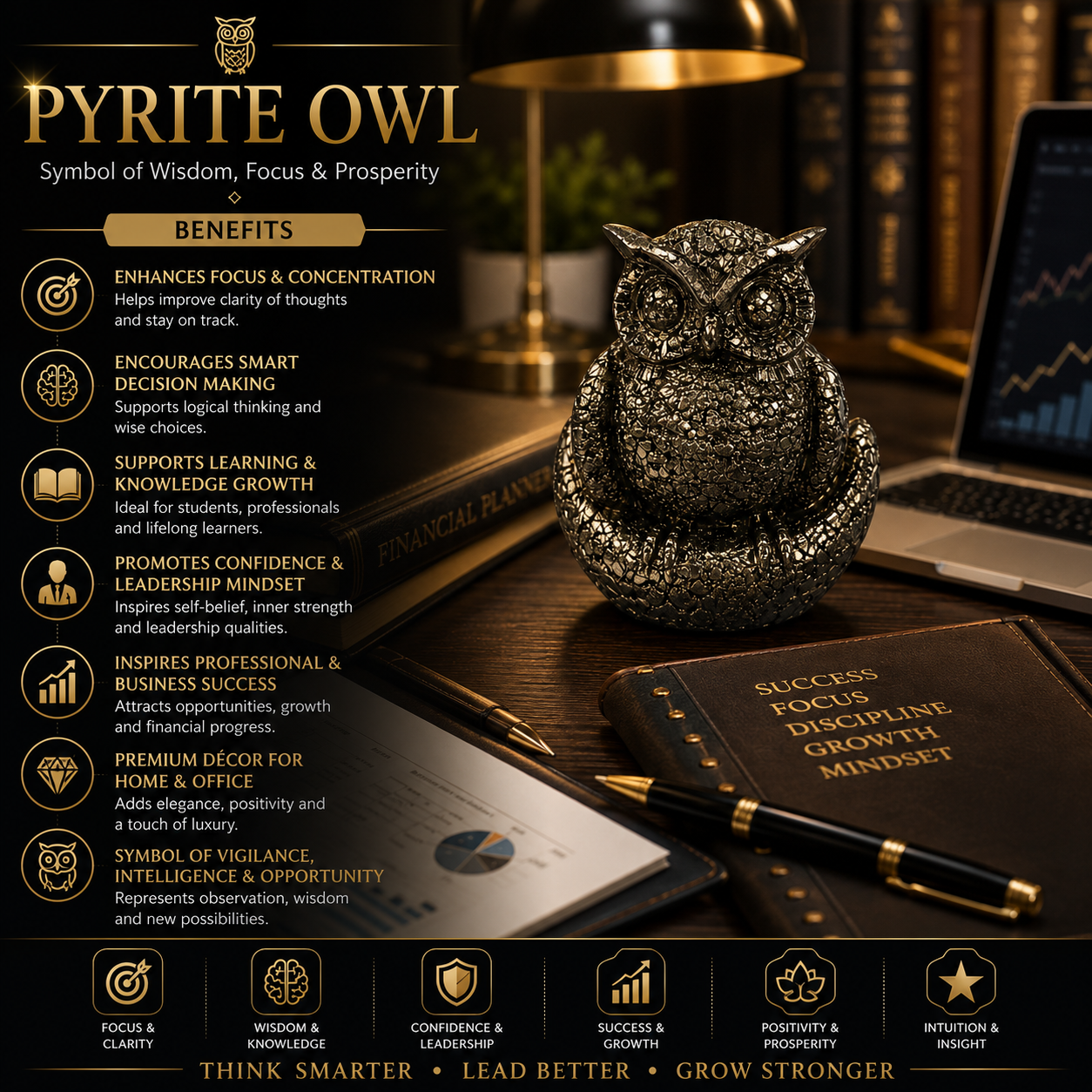Pyrite Owl Crystal Figurine – 400g | 3 Inch | Wealth & Prosperity Stone