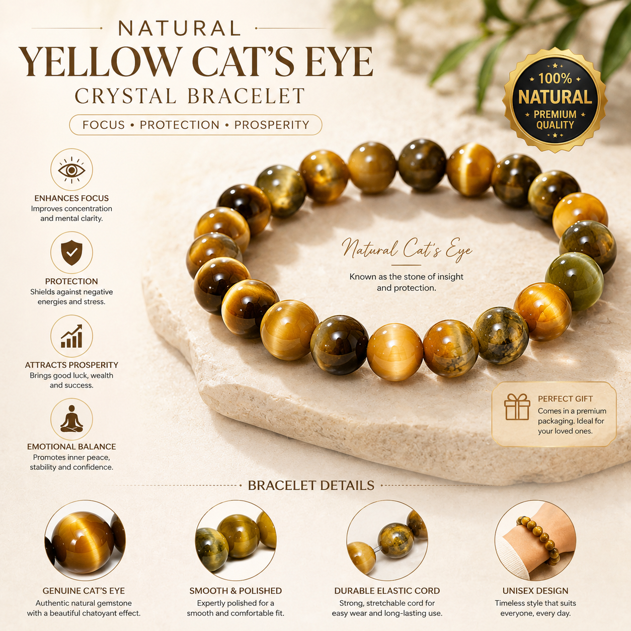 Natural Yellow Cat's Eye Crystal Bracelet – Lehsunia Gemstone for Protection & Clarity