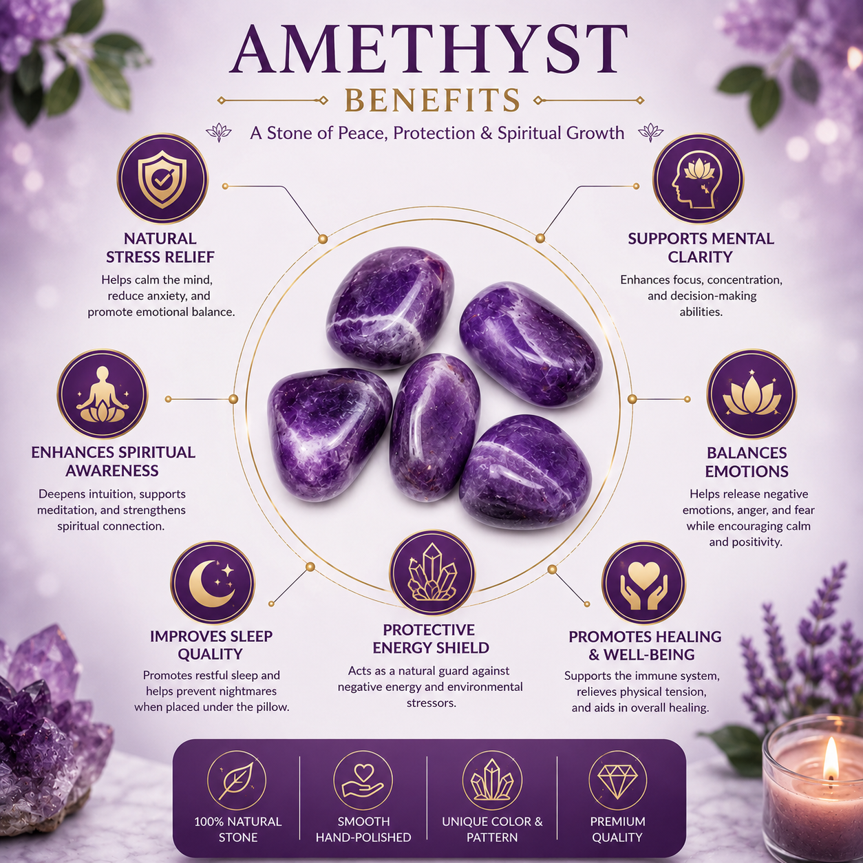 Amethyst Tumbles 60g – Set of 5 Healing Crystals | Dhivarashi