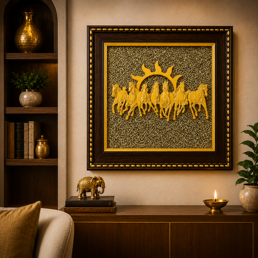 7 Running Horses Vastu Frame on Pyrite Stone with Sun – Prosperity & Success Wall Art