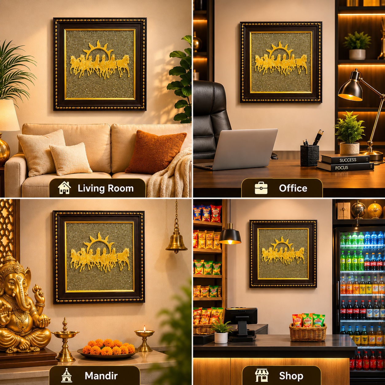 7 Running Horses Vastu Frame on Pyrite Stone | Wealth & Prosperity Wall Art