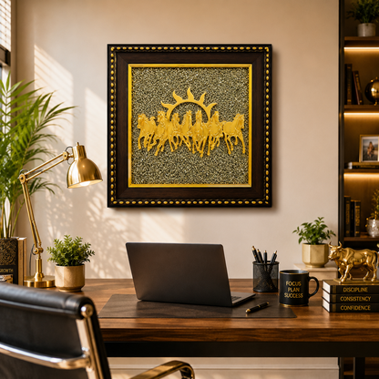 7 Running Horses Vastu Frame on Pyrite Stone | Wealth & Prosperity Wall Art