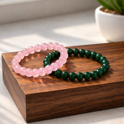 Rose Quartz & Green Jade Couple Bracelet Set – Love & Prosperity Crystal Combo (Set of 2)