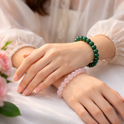 Rose Quartz & Green Jade Couple Bracelet Set – Love & Prosperity Crystal Combo (Set of 2)