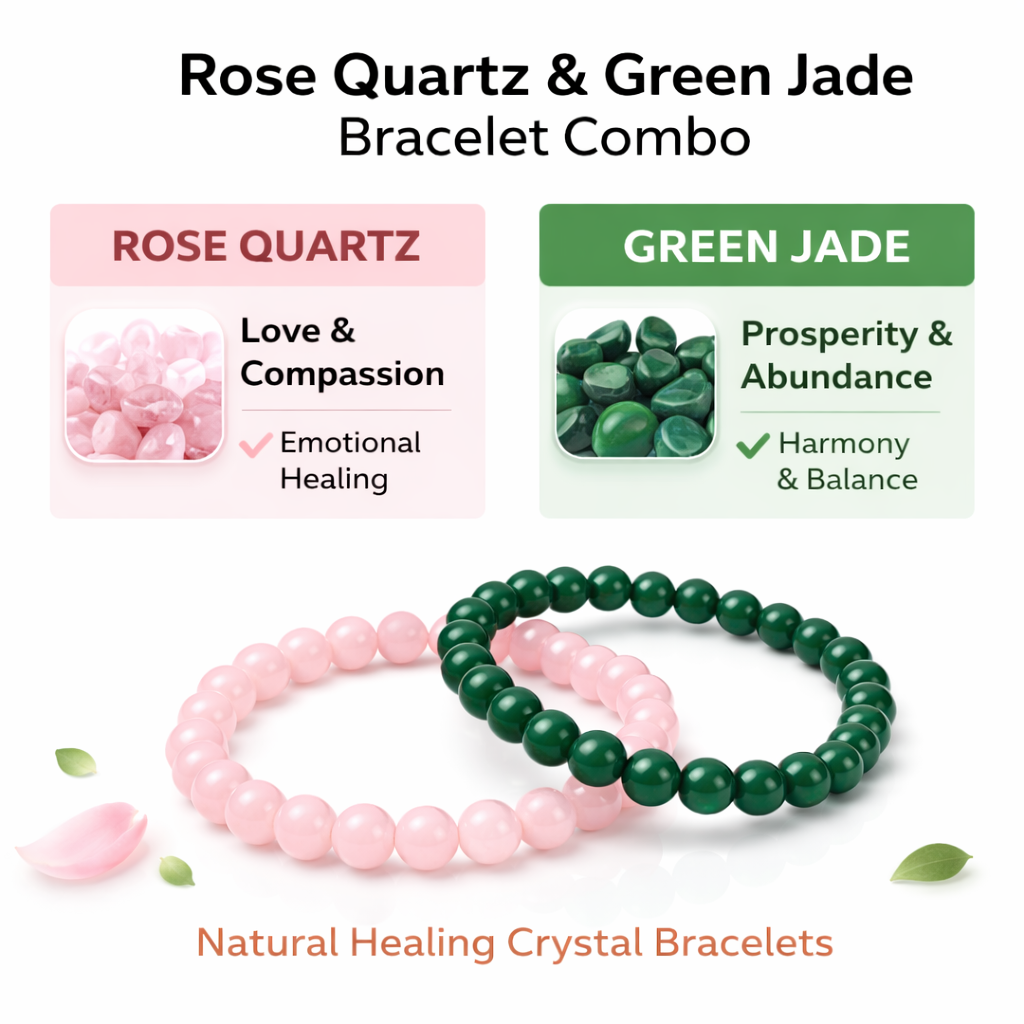 Rose Quartz & Green Jade Couple Bracelet Set – Love & Prosperity Crystal Combo (Set of 2)