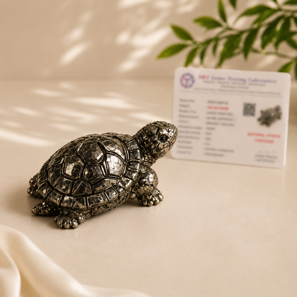 Pyrite Tortoise for Wealth & Vastu | Natural Crystal Bundle with Selenite Plate, Rudraksha & Lab Certificate