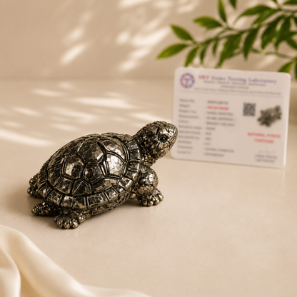 Pyrite Tortoise for Wealth & Vastu | Natural Crystal Bundle with Selenite Plate, Rudraksha & Lab Certificate
