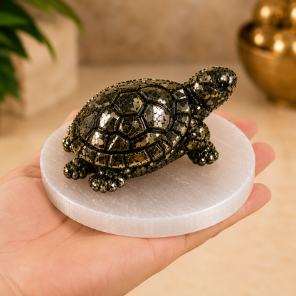 Pyrite Tortoise for Wealth & Vastu | Natural Crystal Bundle with Selenite Plate, Rudraksha & Lab Certificate