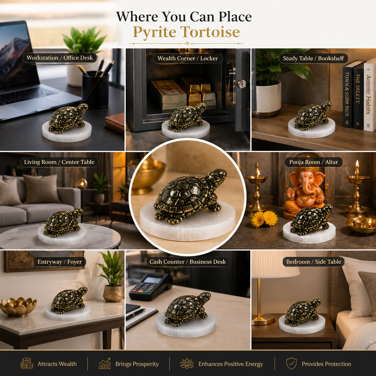 Pyrite Tortoise for Wealth & Vastu | Natural Crystal Bundle with Selenite Plate, Rudraksha & Lab Certificate