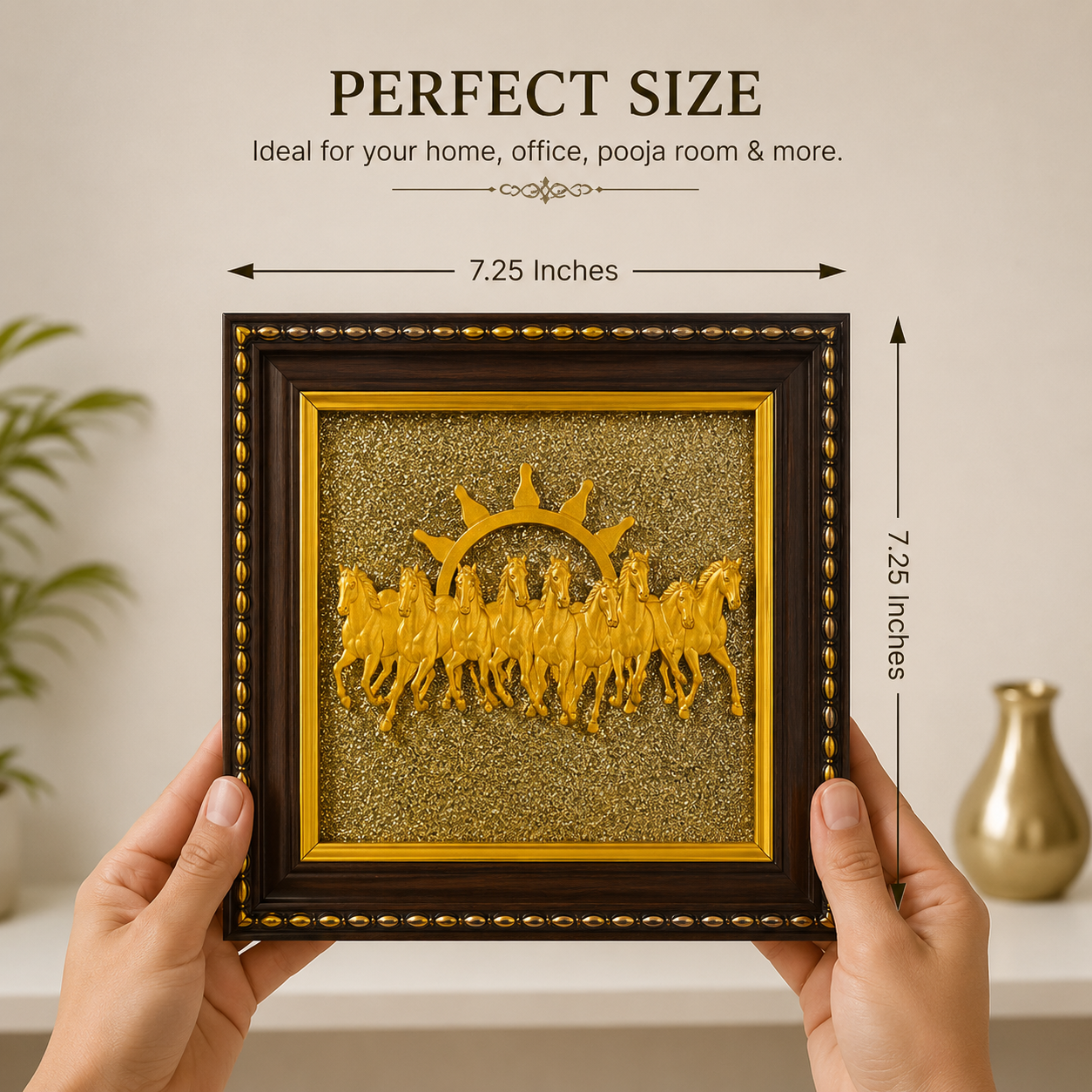 7 Running Horses Vastu Frame on Pyrite Stone with Sun – Prosperity & Success Wall Art