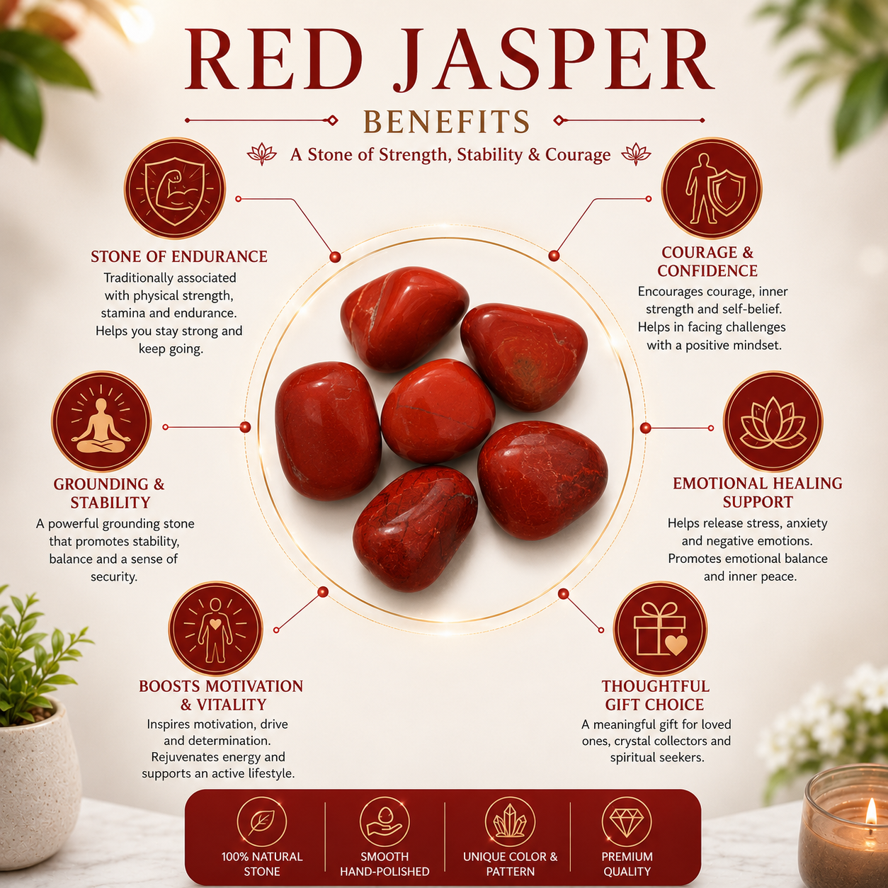 Red Jasper Crystal Tumbled Stones | Set of 5 | Root Chakra Grounding | Dhivarashi
