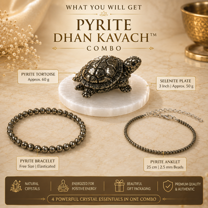 DHIVARASHI Pyrite Dhan Kavach Combo — Natural Pyrite Bracelet, Anklet, Tortoise & Selenite Charging Plate