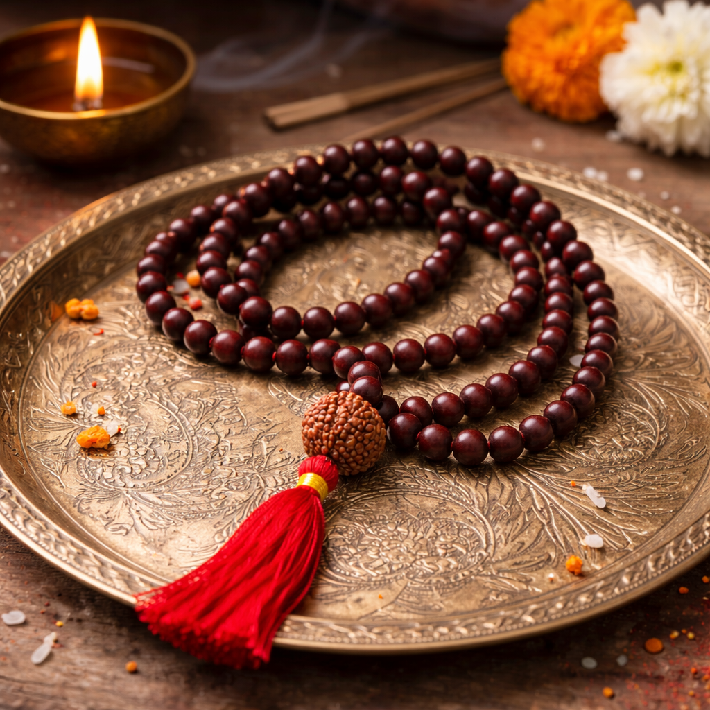 DHIVARASHI red sandalwood chandan mala with 5 Mukhi Nepali Rudraksha bead and red thread tassel placed on an engraved metal plate