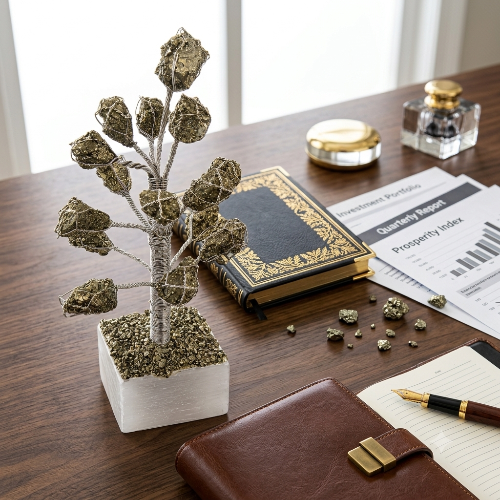 Original Raw Pyrite Crystal Money Tree on Natural Selenite Base | Handmade Prosperity Tree for Home, Office, Vastu & Luxury Décor